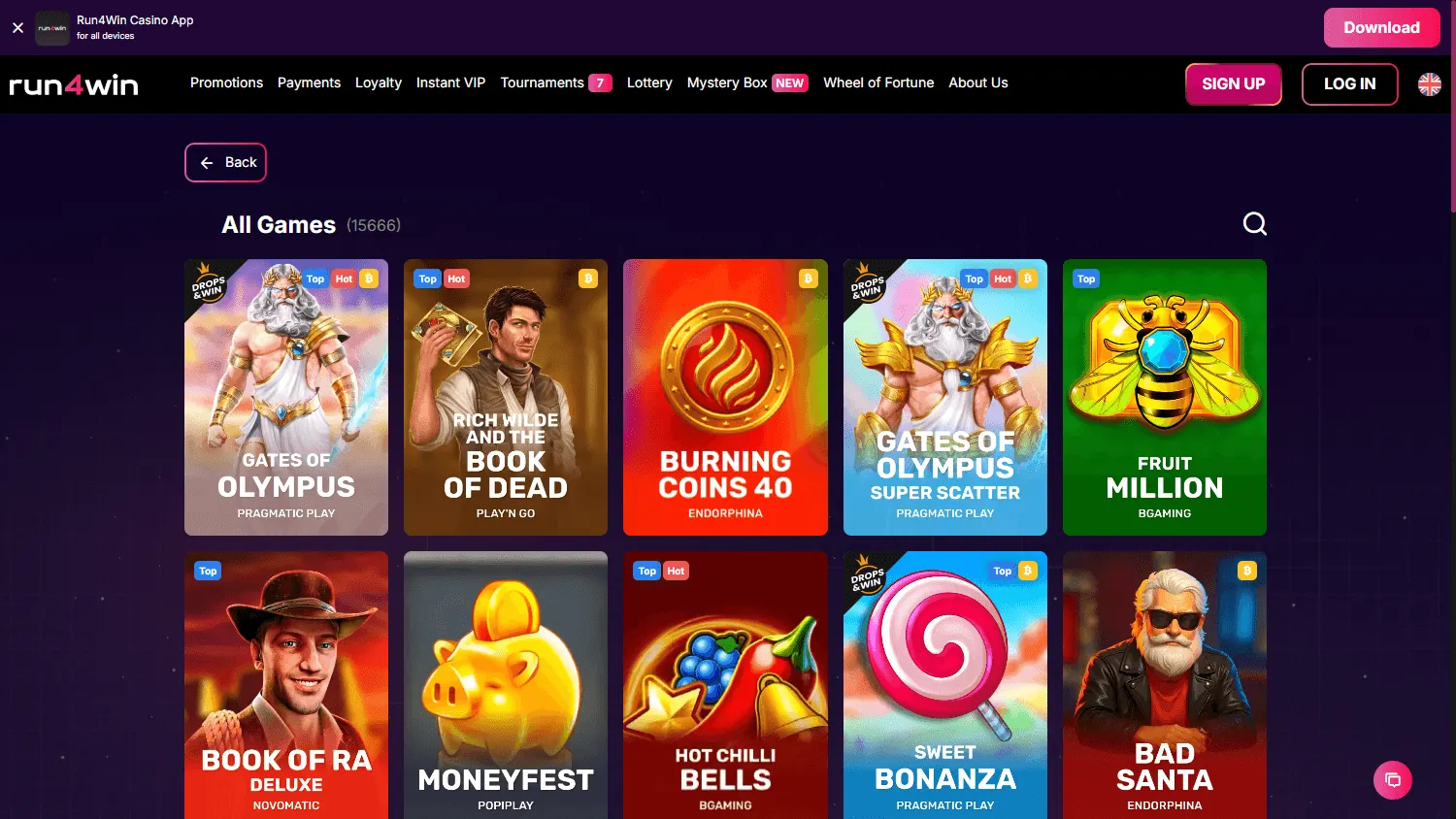 Run4win Casino desktop games area with pokies and casino categories
