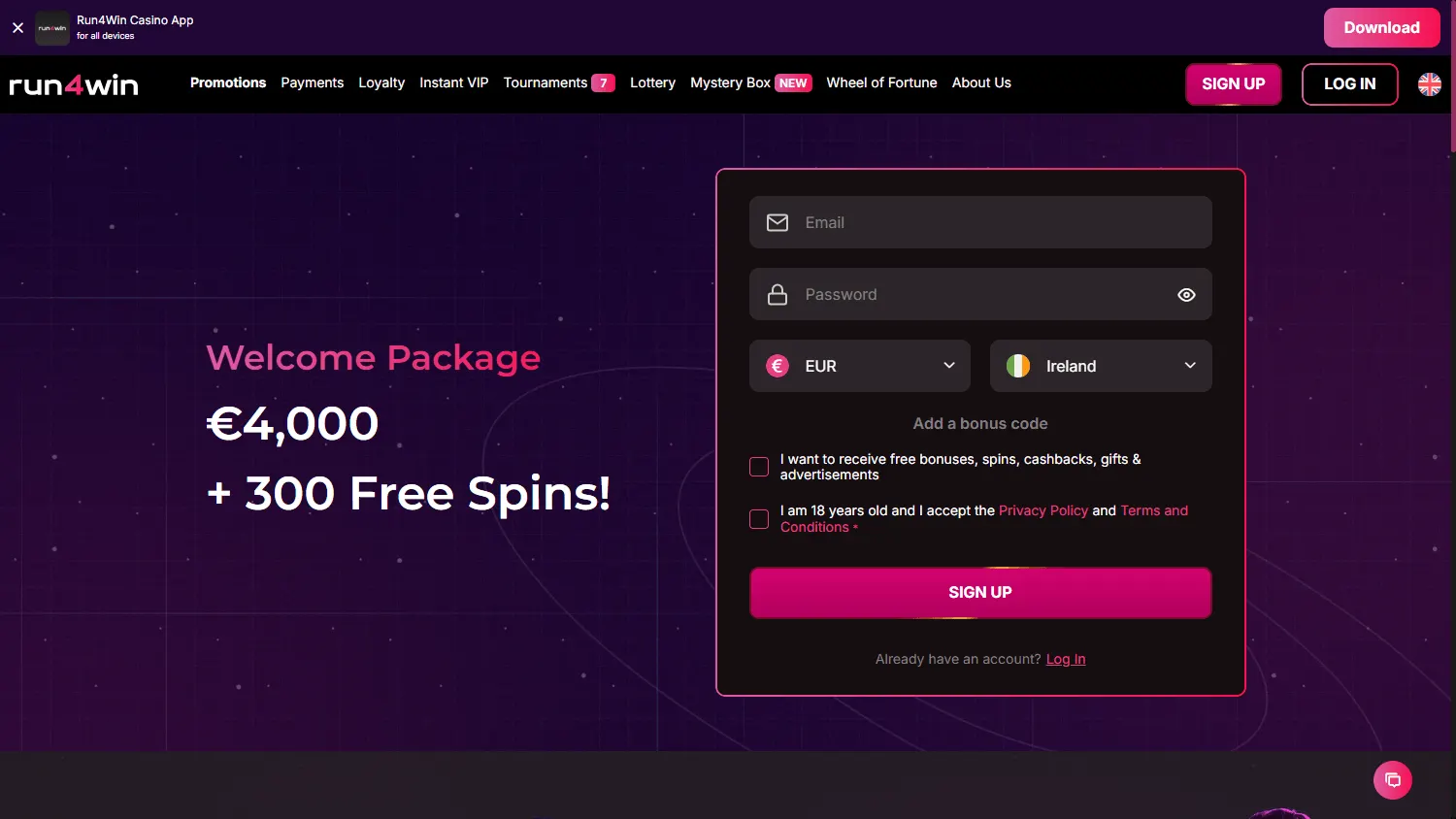 Run4win Casino desktop promotions area with bonuses and free spins offers