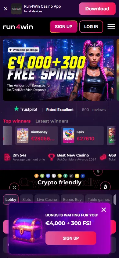 Run4win Casino mobile home view with casino offers and play options