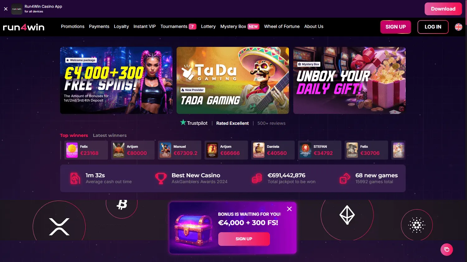 Run4win Casino desktop home view with the casino offer and main play options
