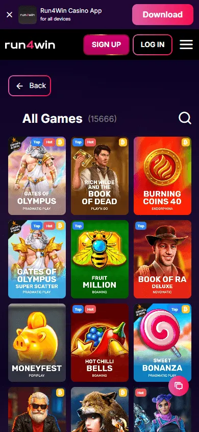 Run4win Casino mobile games area with pokies and casino categories