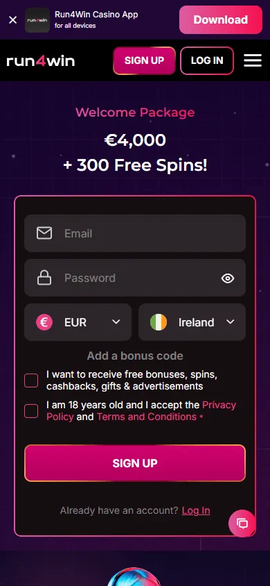Run4win Casino mobile promotions area with bonuses and free spins offers